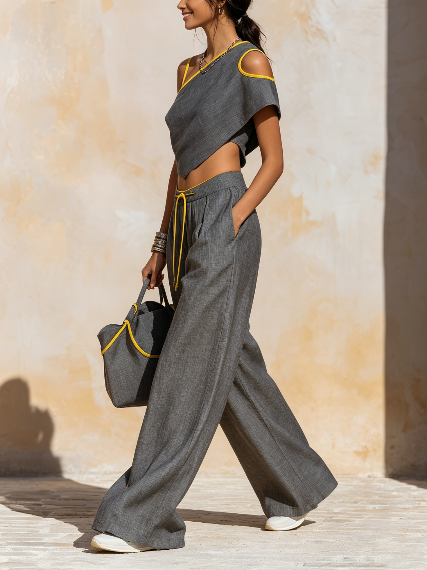 Women’s Gray Resort Pure Linen Asymmetrical Neck One-Shoulder Relaxed Full-Length Wide-Leg Pants Set with Yellow Trim