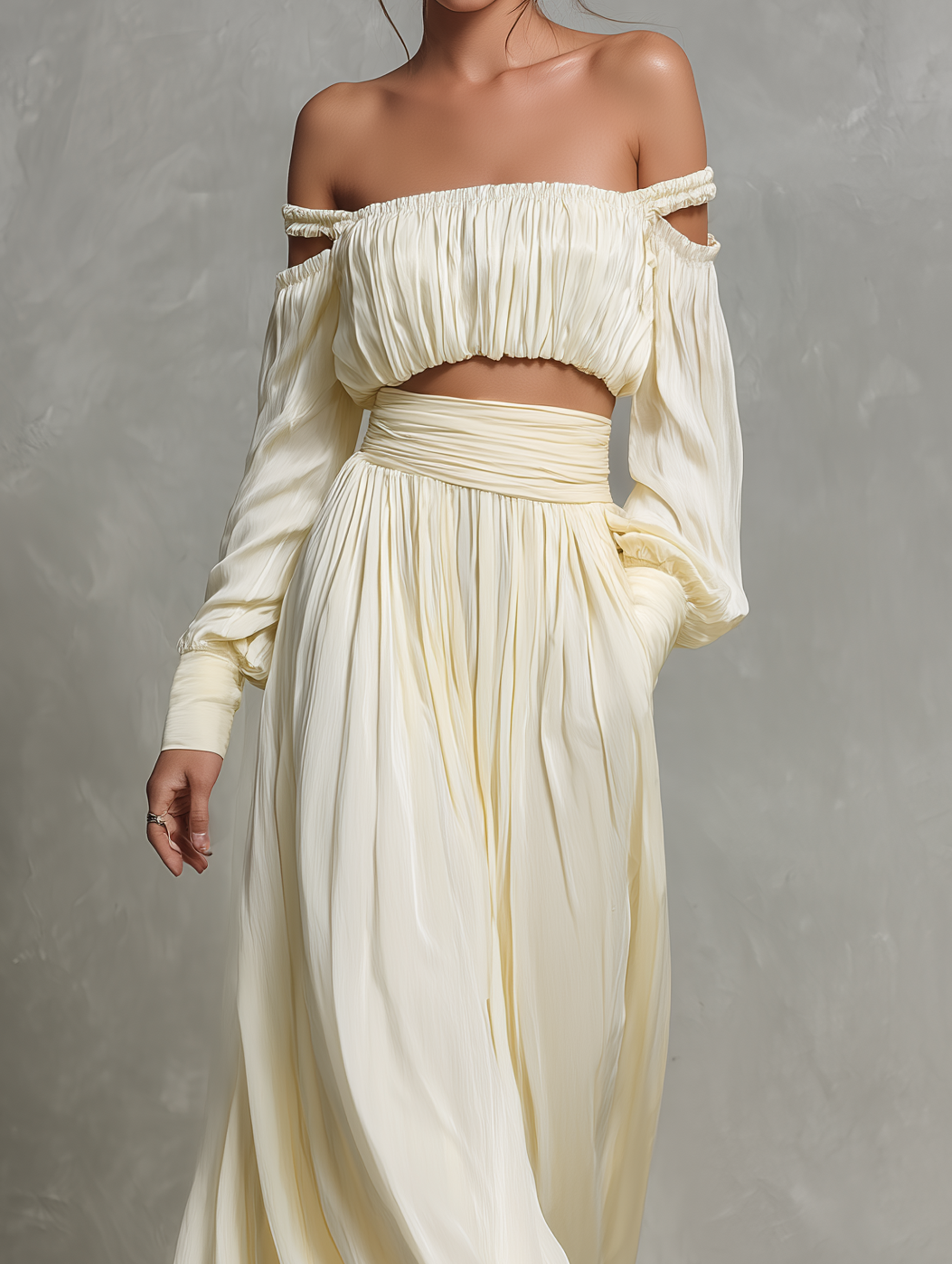 Women’s Beige Elegant Chiffon Off-Shoulder Long Sleeve Regular Maxi Skirt Set