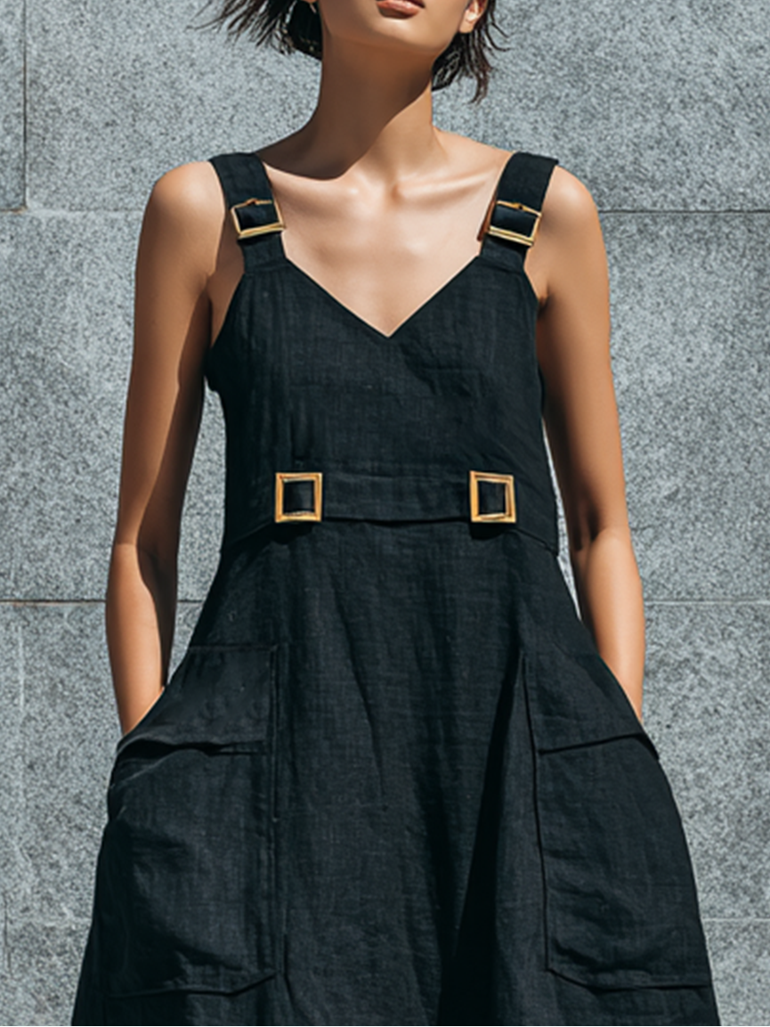 Women’s Black Casual Linen Blend V-Neck Sleeveless Relaxed Maxi Overall Dress with Gold Buckles and Cargo Pockets