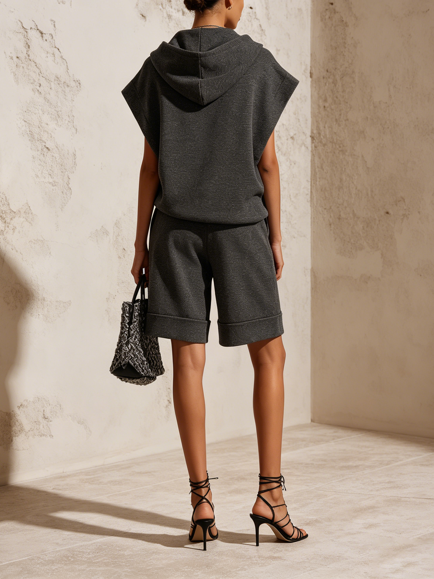 Women’s Dark Gray Casual Scuba Knit Stand Collar Sleeveless Relaxed Bermuda Shorts Set with Half-Zip Hoodie