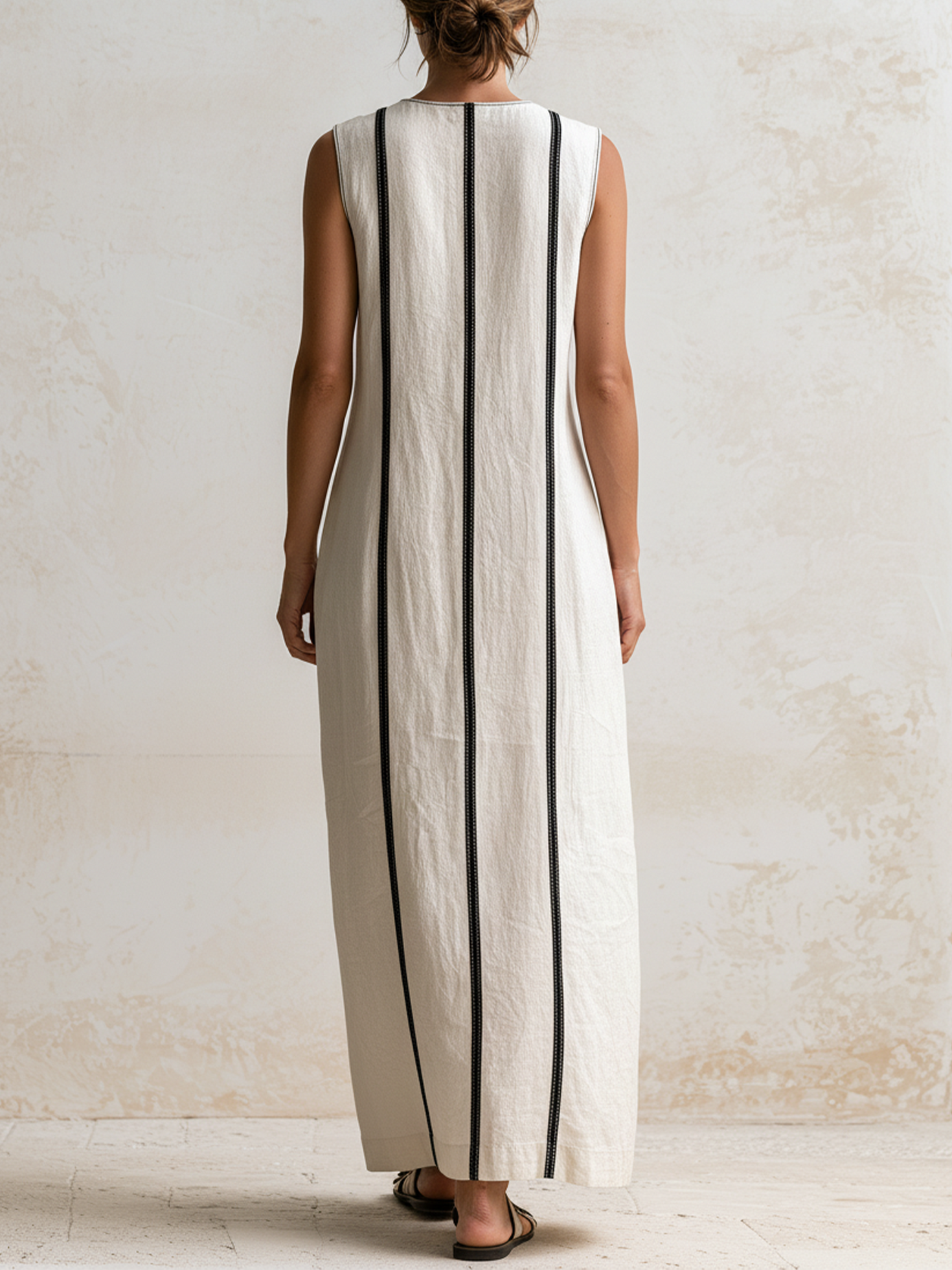 Women’s White Minimalist Linen Lapel V-Neck Sleeveless Loose Midi Shift Dress with Contrast Stripe Detail