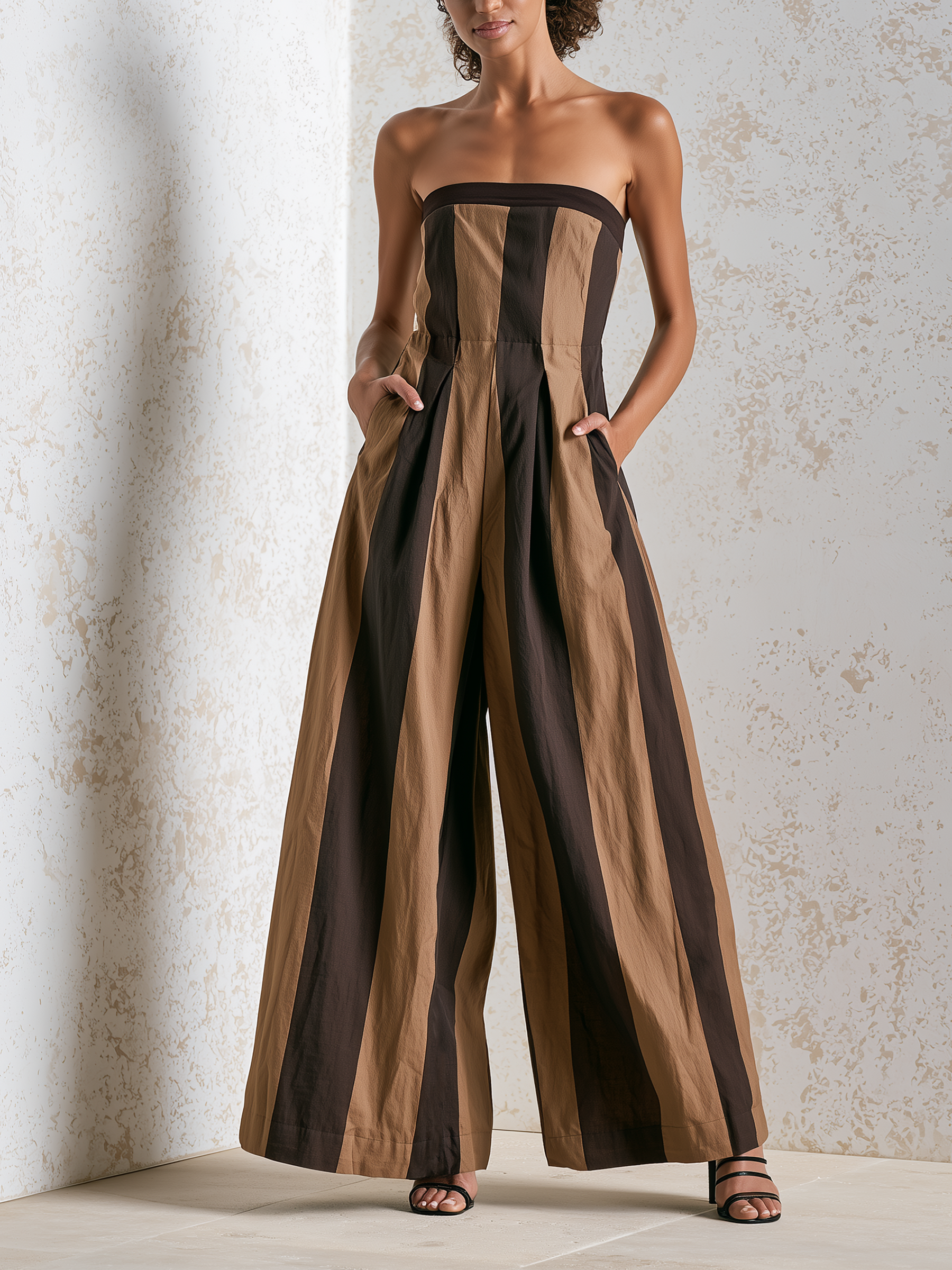 Women’s Brown Tan Resort Textured Woven Strapless Sleeveless Loose Full-Length Wide-Leg Jumpsuit with Vertical Stripes