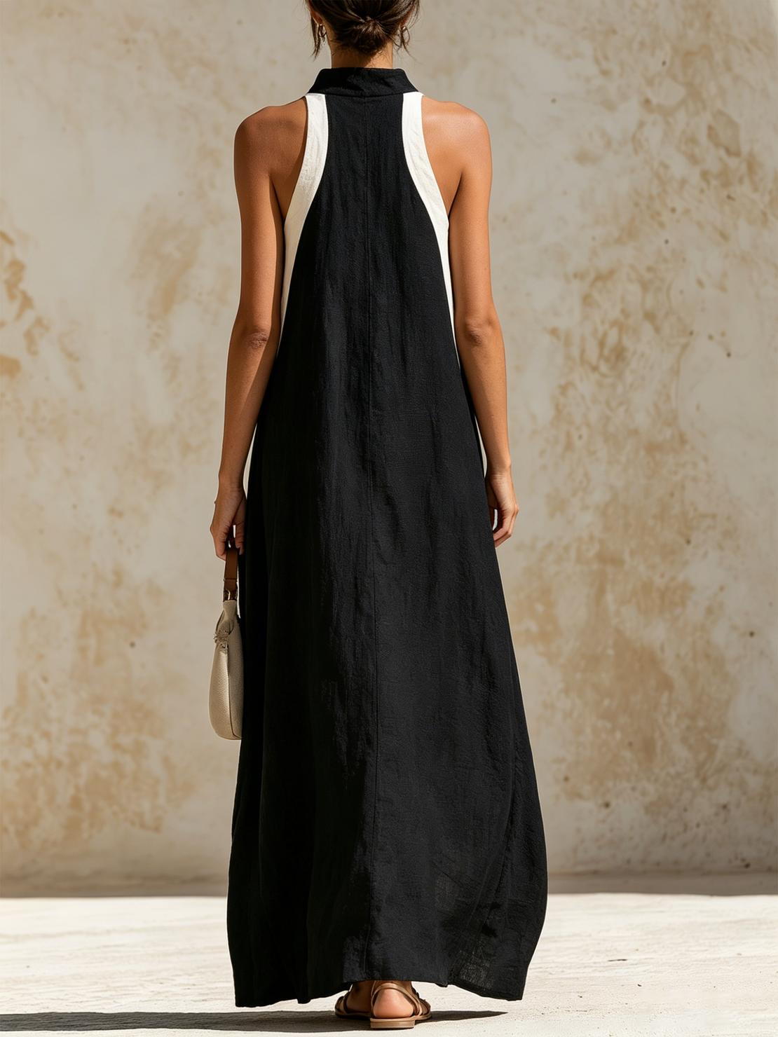 Women’s Black and White Minimalist Crinkled Linen Halter Sleeveless Relaxed Maxi Dress