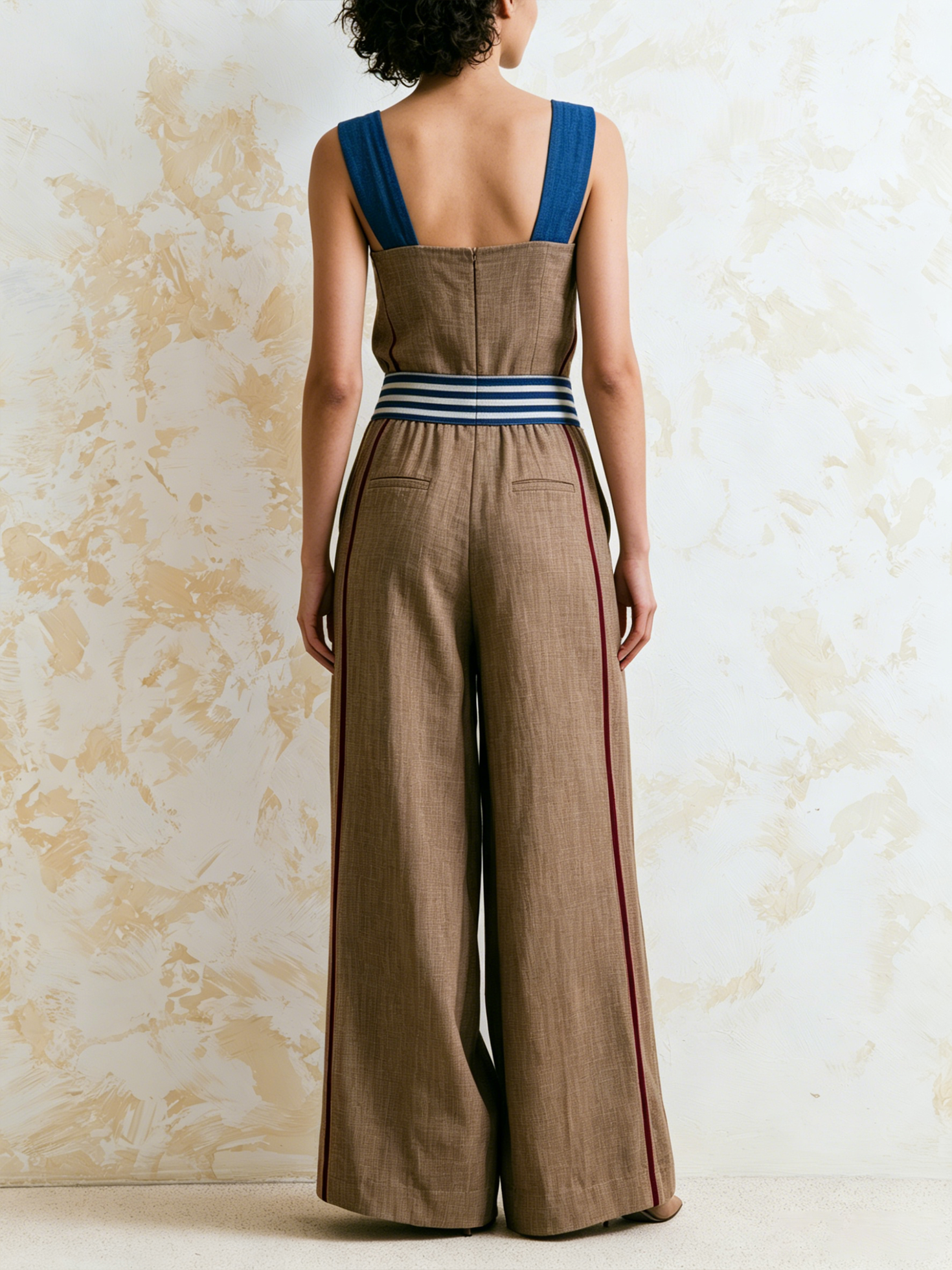 Women’s Brown Resort Linen Blend Square Neck Sleeveless Loose Full-Length Wide-Leg Jumpsuit with Blue Straps and Striped Waist