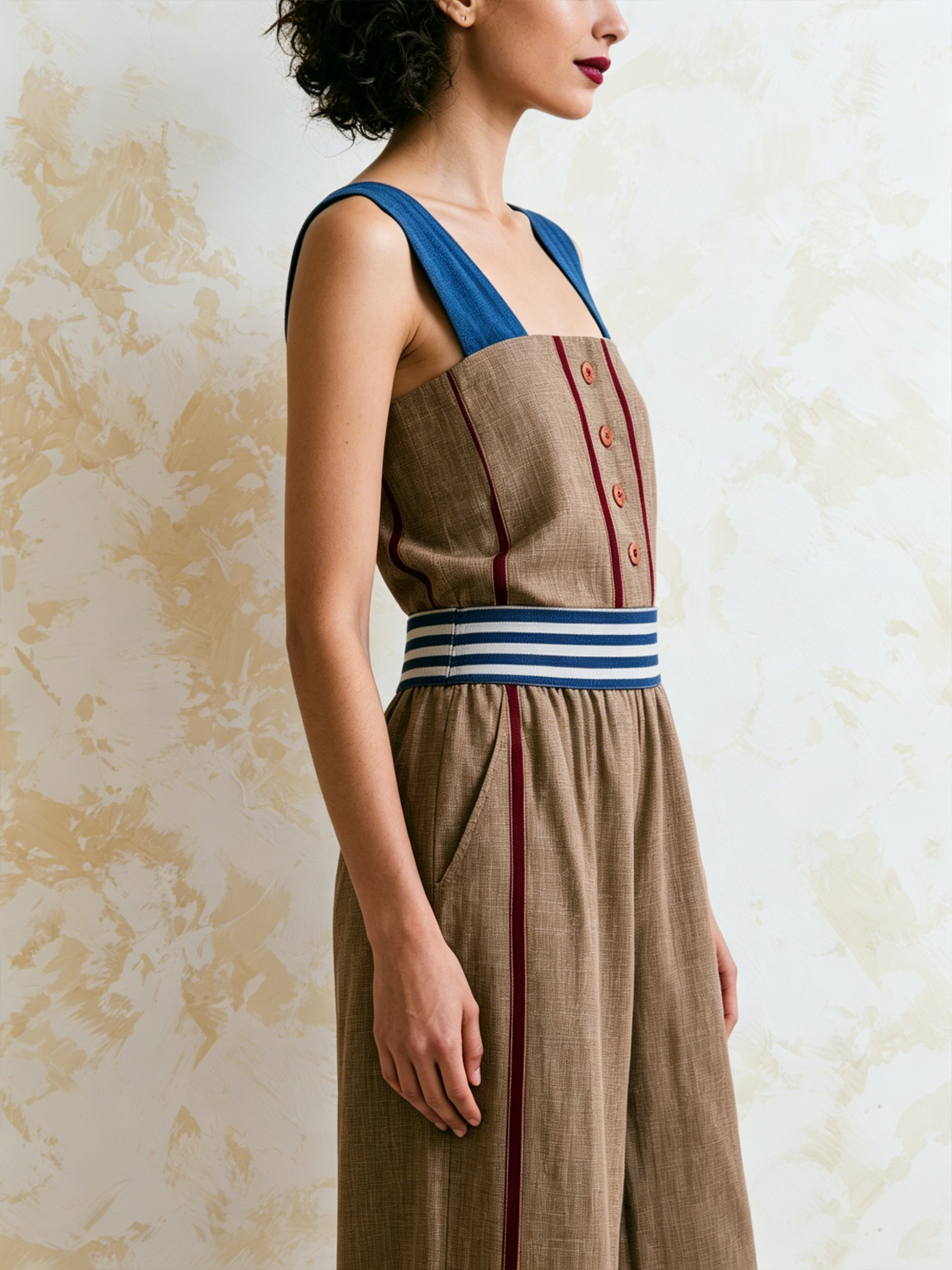 Women’s Brown Resort Linen Blend Square Neck Sleeveless Loose Full-Length Wide-Leg Jumpsuit with Blue Straps and Striped Waist