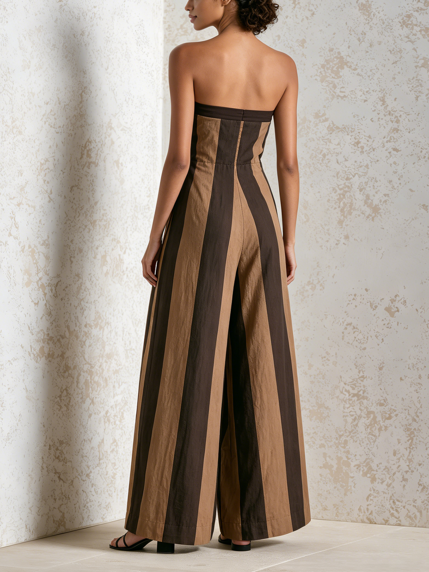 Women’s Brown Tan Resort Textured Woven Strapless Sleeveless Loose Full-Length Wide-Leg Jumpsuit with Vertical Stripes