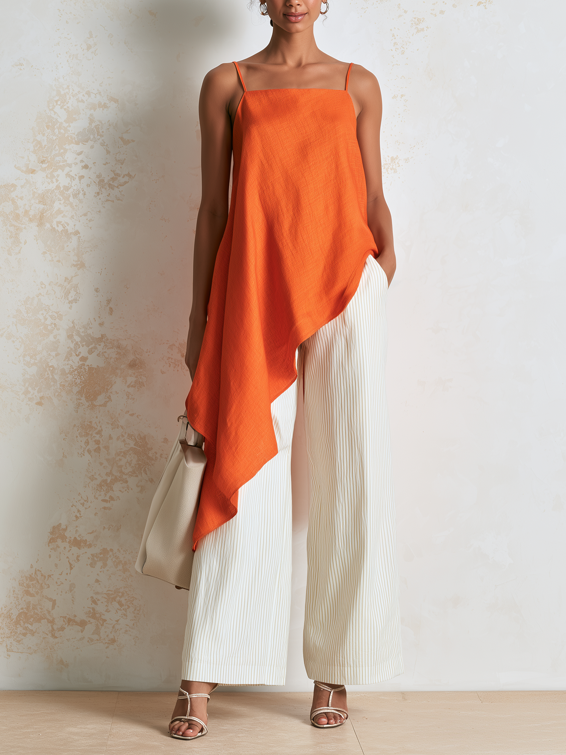 Women’s Orange Resort Linen Blend Square Neck Spaghetti Strap Relaxed Full-Length Wide-Leg Pants Set with Asymmetrical Cami