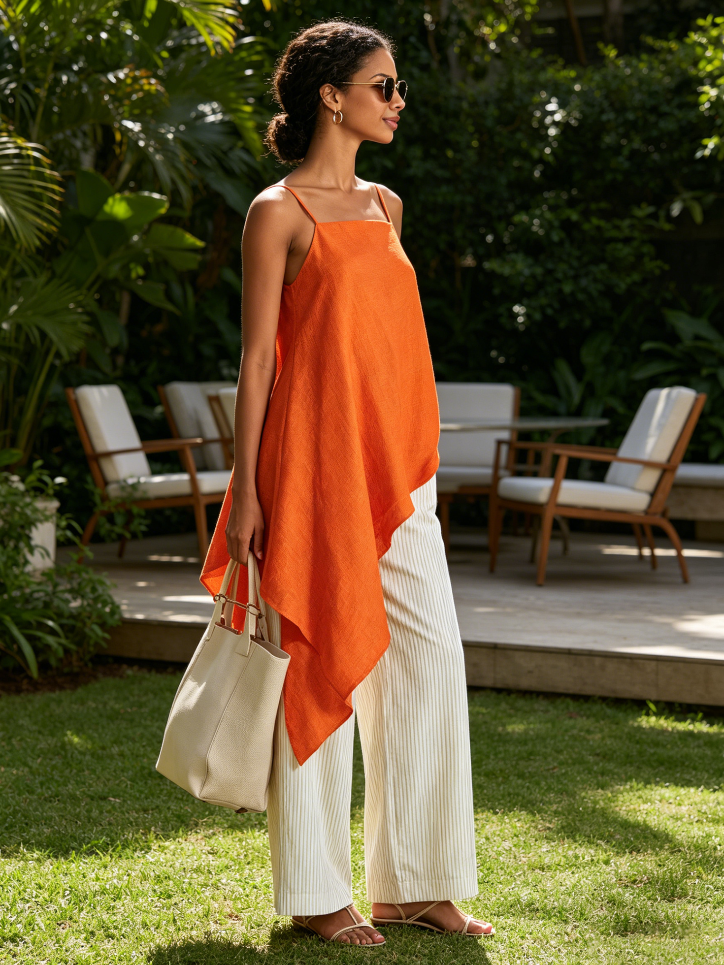 Women’s Orange Resort Linen Blend Square Neck Spaghetti Strap Relaxed Full-Length Wide-Leg Pants Set with Asymmetrical Cami
