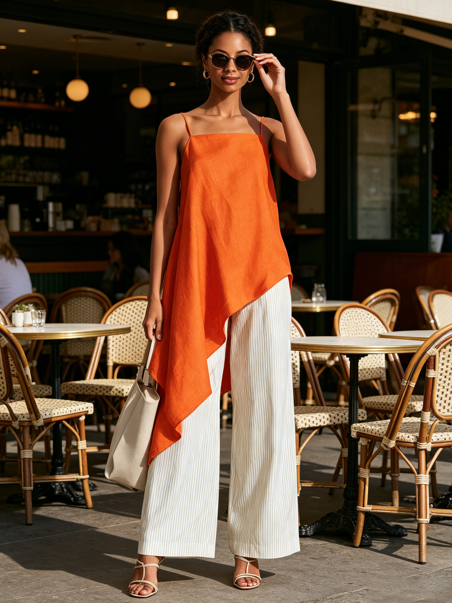 Women’s Orange Resort Linen Blend Square Neck Spaghetti Strap Relaxed Full-Length Wide-Leg Pants Set with Asymmetrical Cami