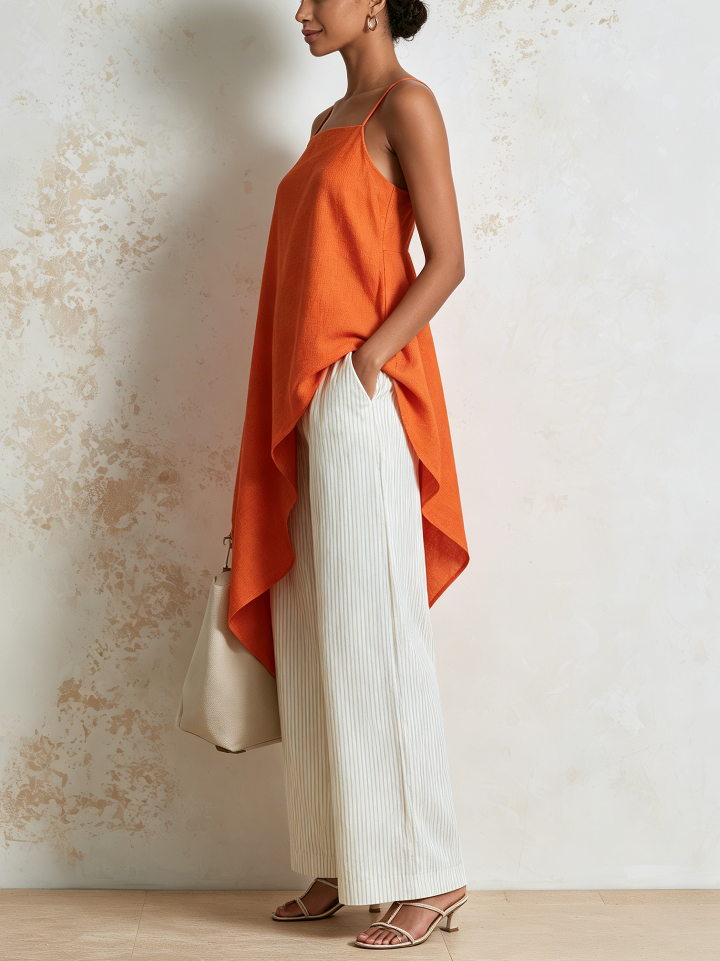 Women’s Orange Resort Linen Blend Square Neck Spaghetti Strap Relaxed Full-Length Wide-Leg Pants Set with Asymmetrical Cami