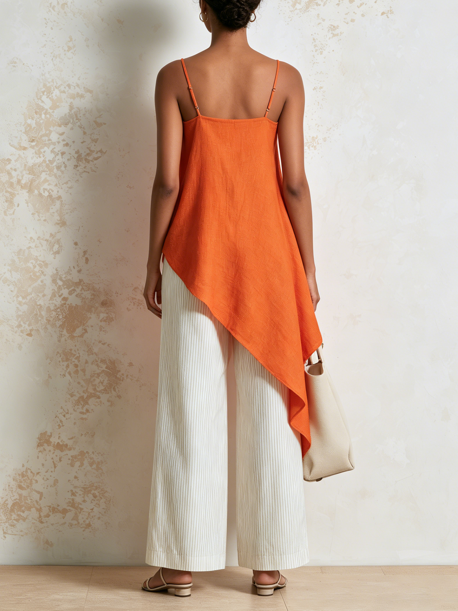 Women’s Orange Resort Linen Blend Square Neck Spaghetti Strap Relaxed Full-Length Wide-Leg Pants Set with Asymmetrical Cami