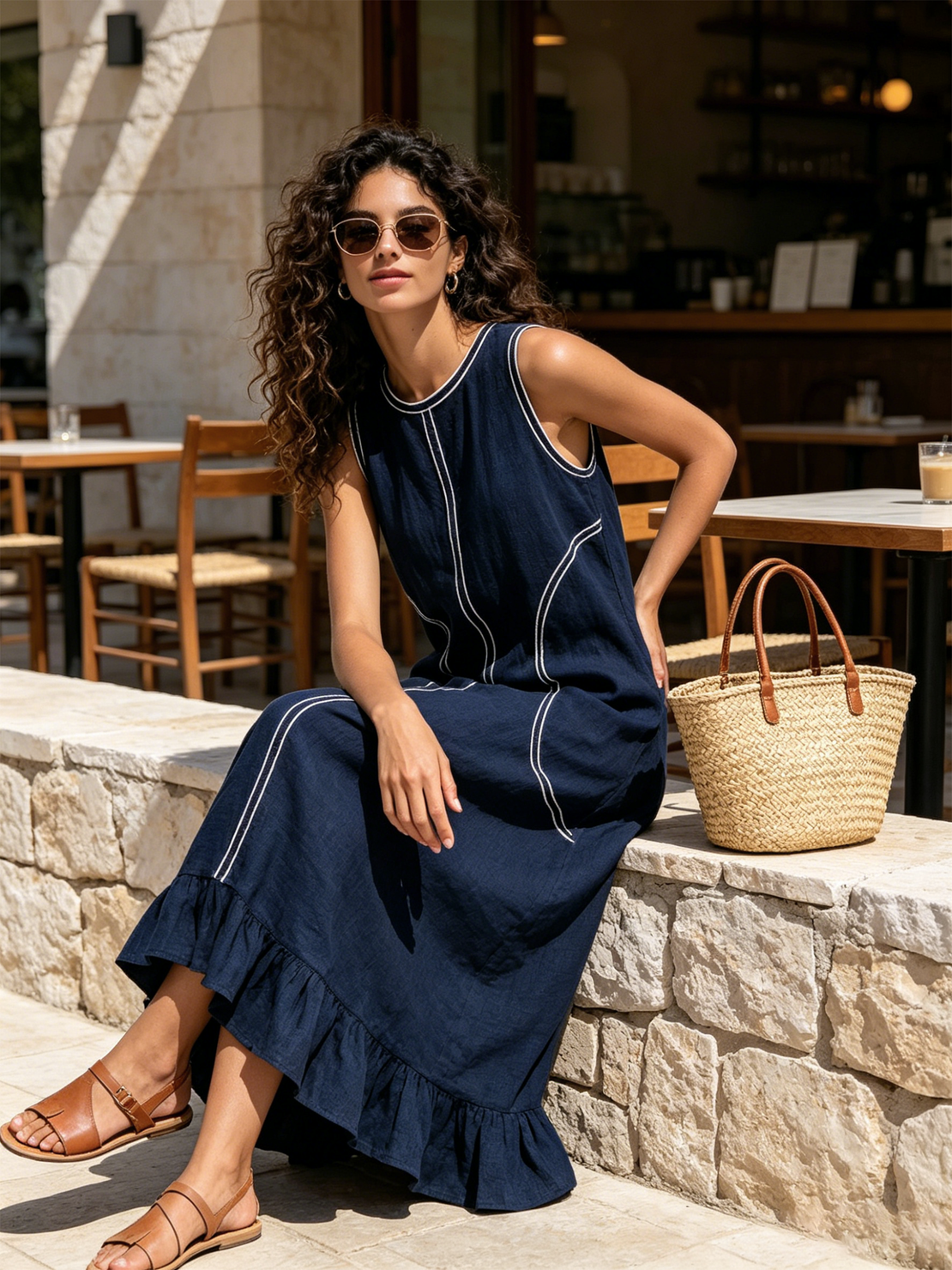 Women’s Navy Textured Linen Sleeveless Round Neck White Contrast Curve Stitch Ruffle Hem Maxi Dress