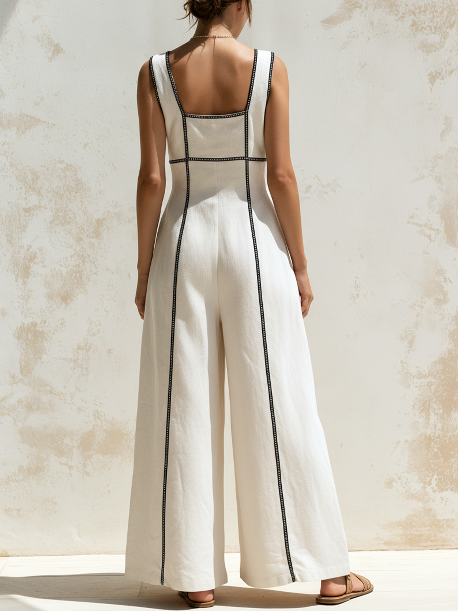 Women’s White Utility Linen Blend Square Neck Sleeveless Regular Full-Length Wide-Leg Cargo Jumpsuit with Contrast Stitch