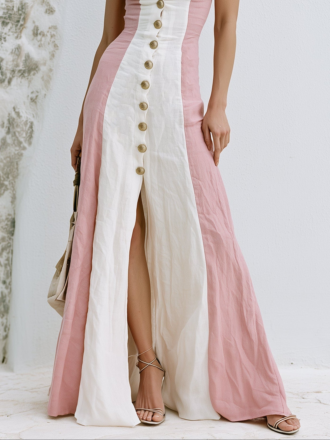 Women’s Pink and Ivory Elegant Blended Halter Sleeveless Slim Maxi Resort Dress