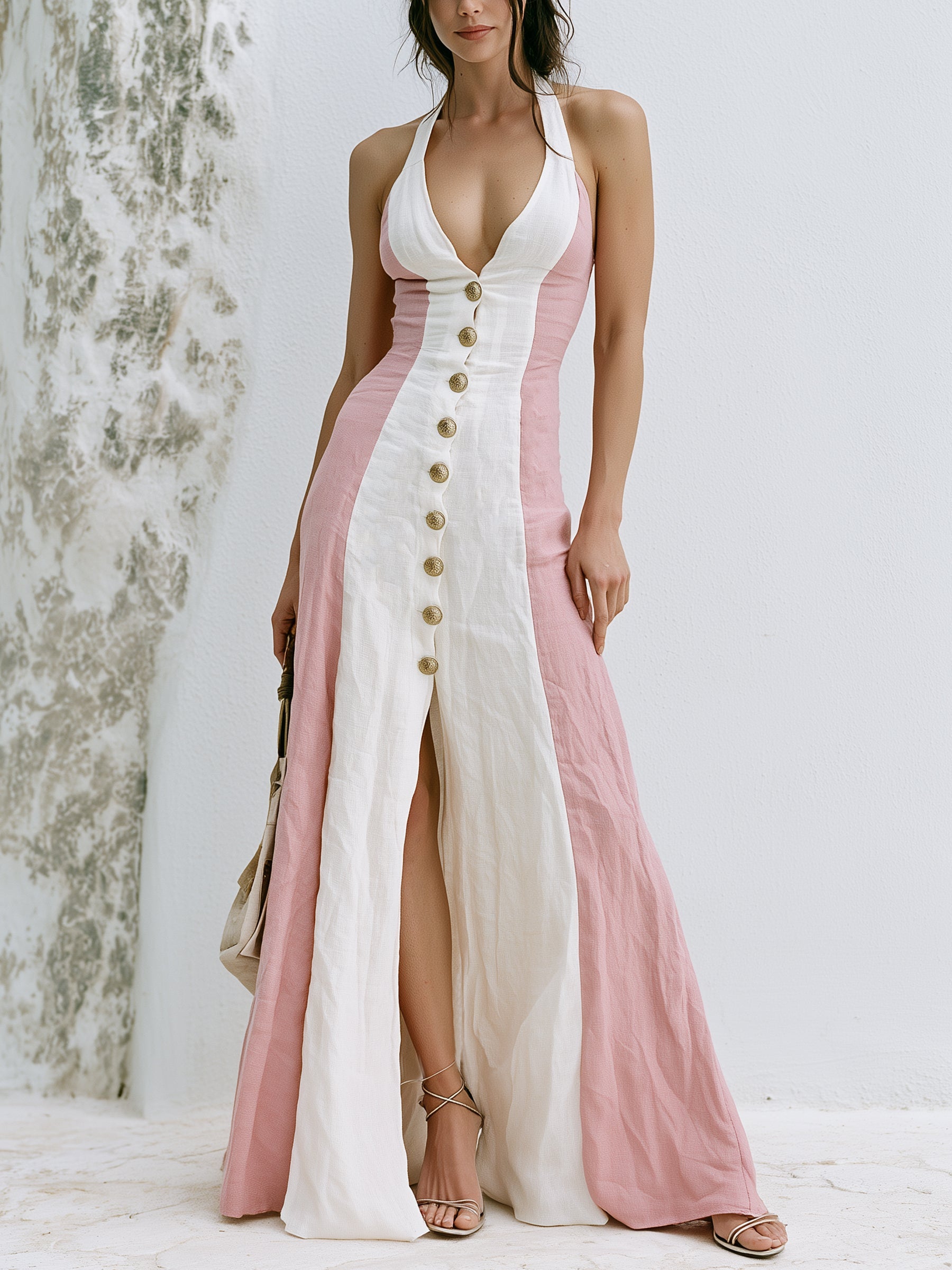 Women’s Pink and Ivory Elegant Blended Halter Sleeveless Slim Maxi Resort Dress