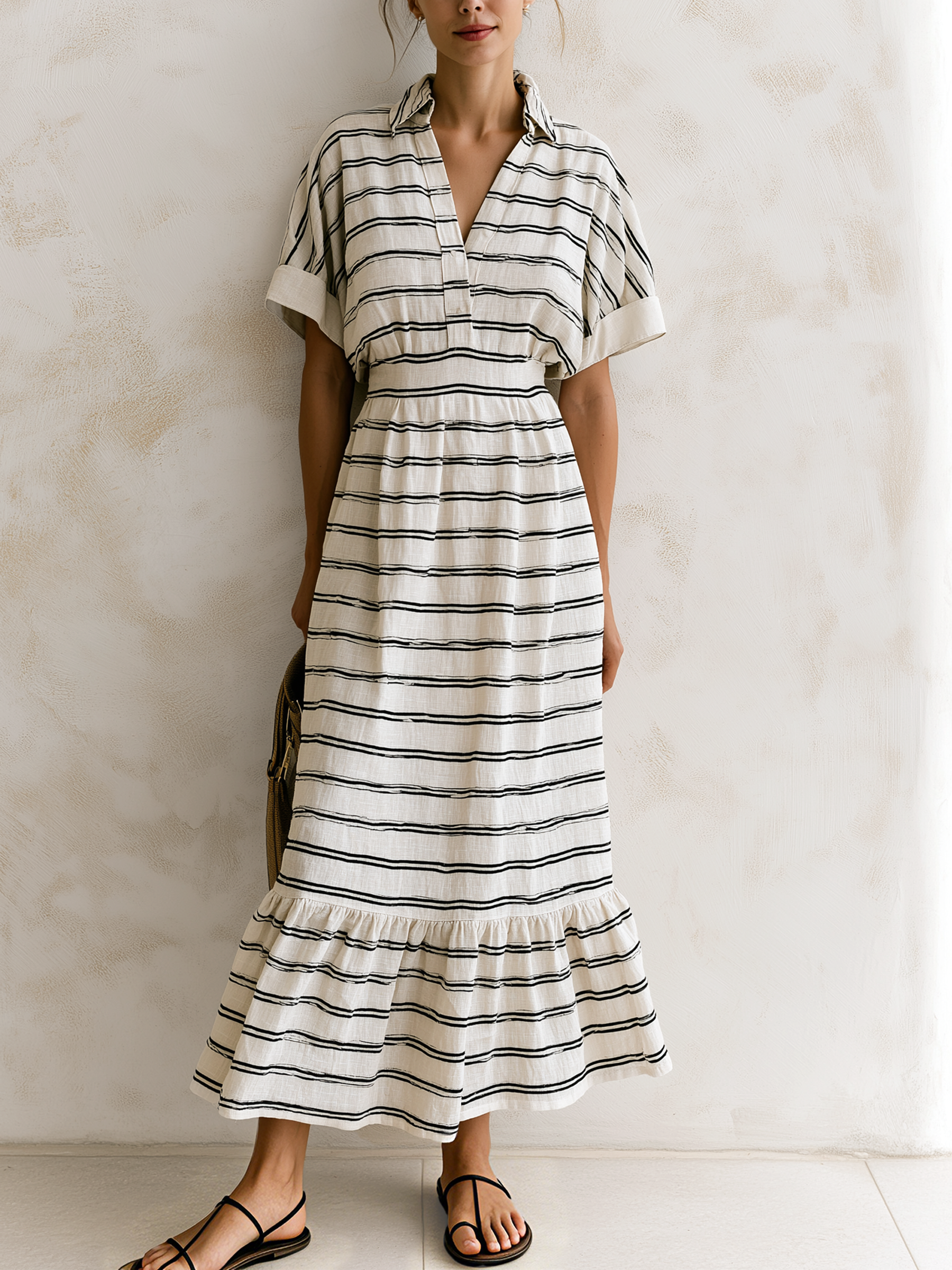 Women’s Beige Casual Linen Lapel V-Neck Short Sleeve Loose Maxi Shirt Dress with Black Stripe Print
