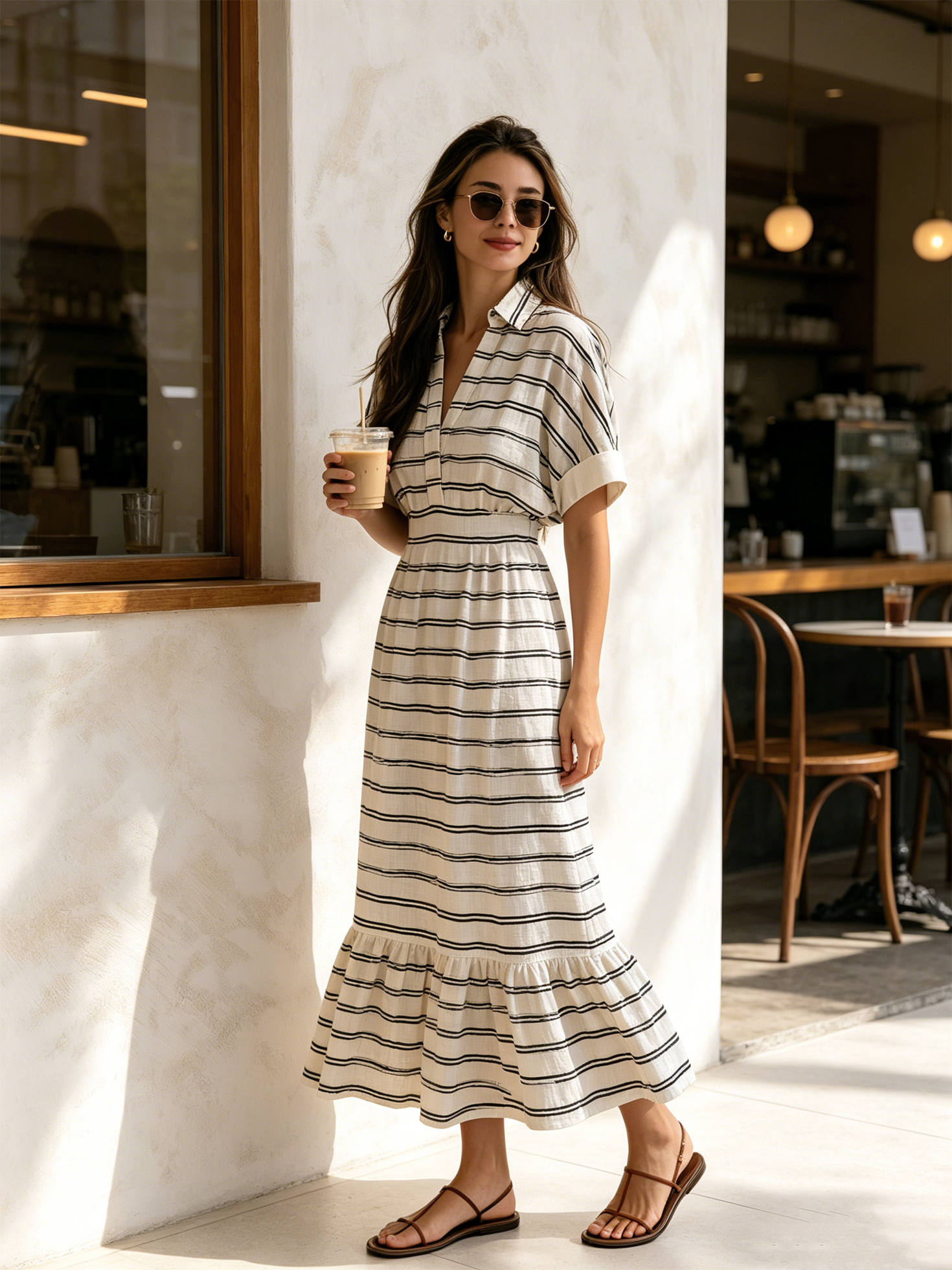 Women’s Beige Casual Linen Lapel V-Neck Short Sleeve Loose Maxi Shirt Dress with Black Stripe Print