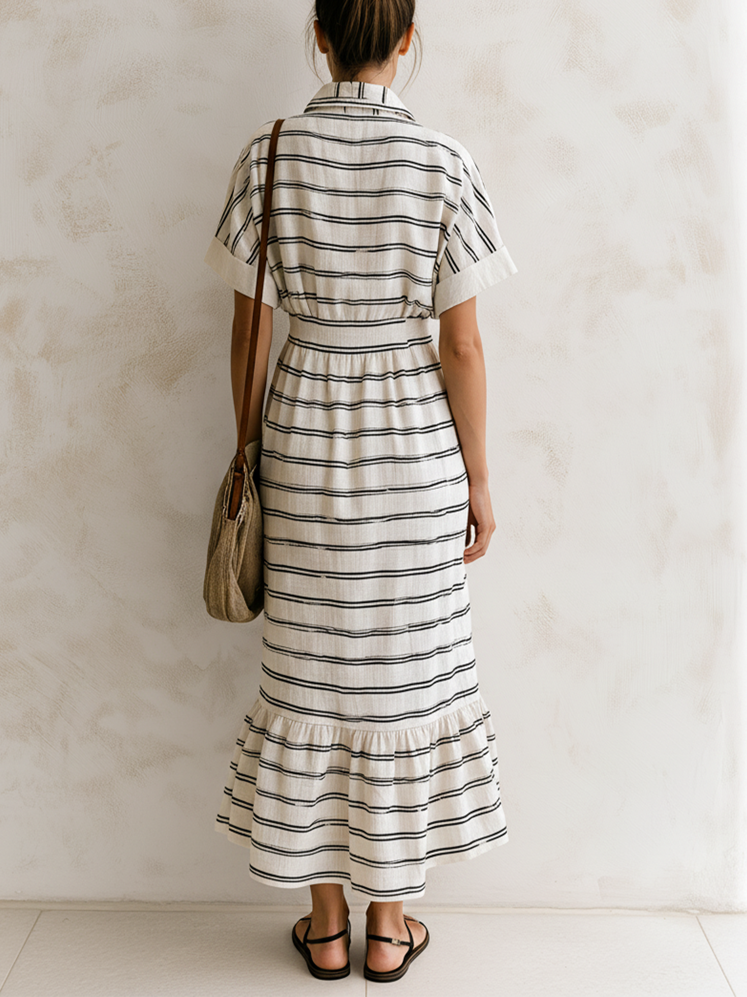 Women’s Beige Casual Linen Lapel V-Neck Short Sleeve Loose Maxi Shirt Dress with Black Stripe Print