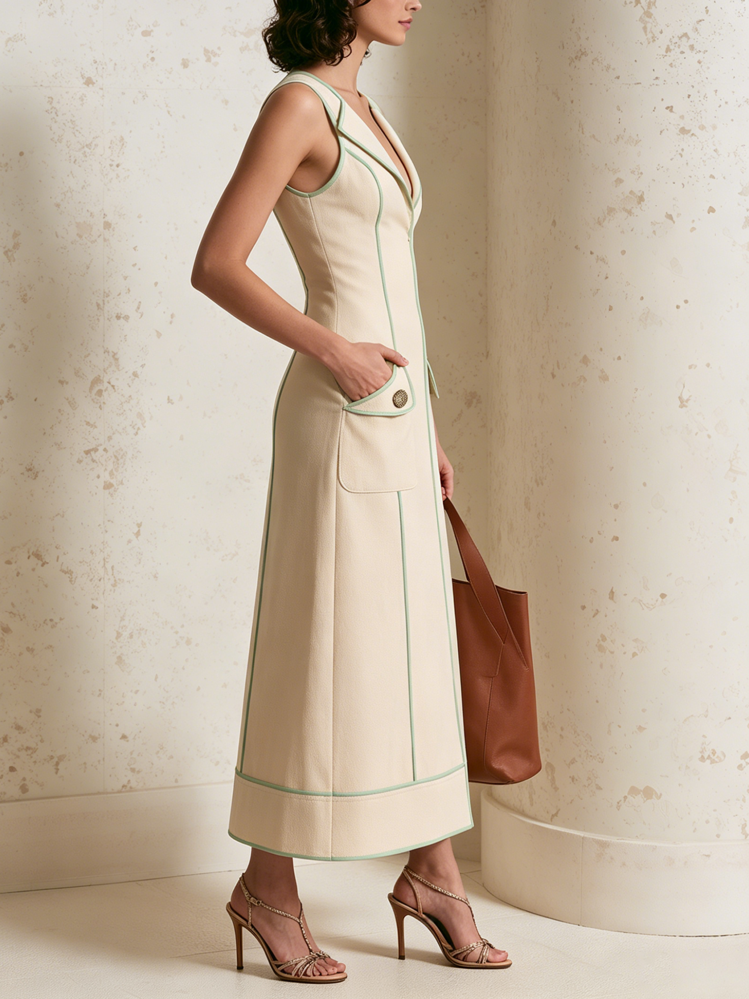 Women’s Beige Elegant Cotton Twill Lapel V-Neck Sleeveless Slim Midi Blazer Dress with Mint Piping