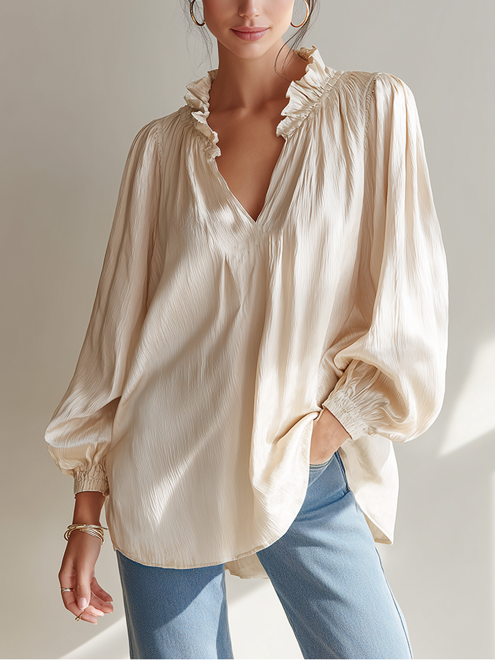 Women’s Beige Casual Textured Woven Ruffled V-Neck Long Sleeve Loose Top