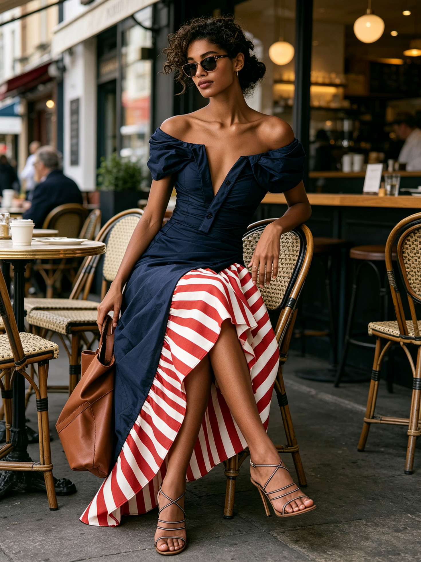 Women’s Navy Blue Resort Cotton Poplin Off-Shoulder Puff Sleeve Slim Midi Dress with Striped Ruffle Hem