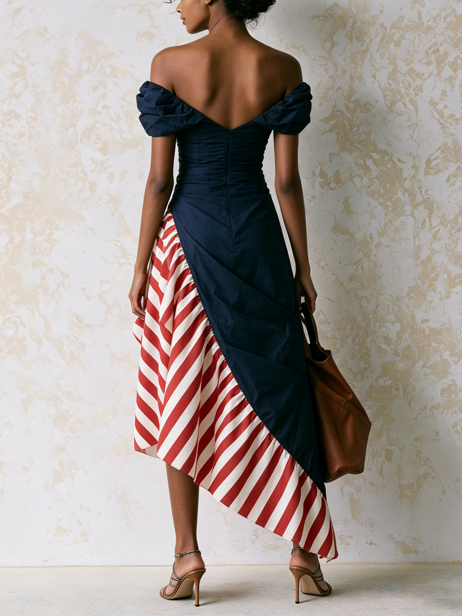Women’s Navy Blue Resort Cotton Poplin Off-Shoulder Puff Sleeve Slim Midi Dress with Striped Ruffle Hem