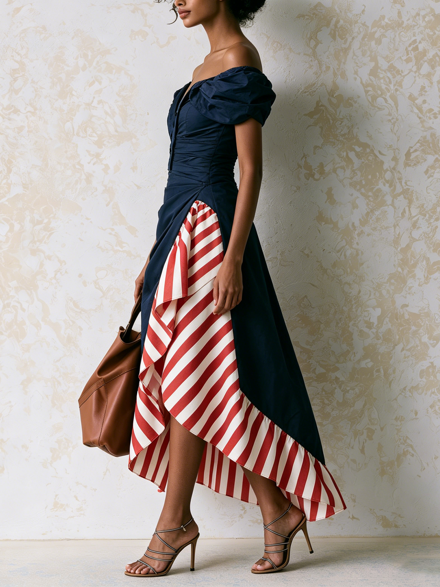 Women’s Navy Blue Resort Cotton Poplin Off-Shoulder Puff Sleeve Slim Midi Dress with Striped Ruffle Hem