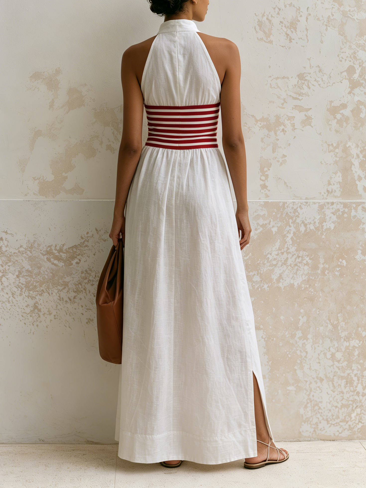 Women’s White Resort Textured Linen Halter V-Neck Sleeveless Regular Maxi Dress with Red Striped Waist and Side Slit