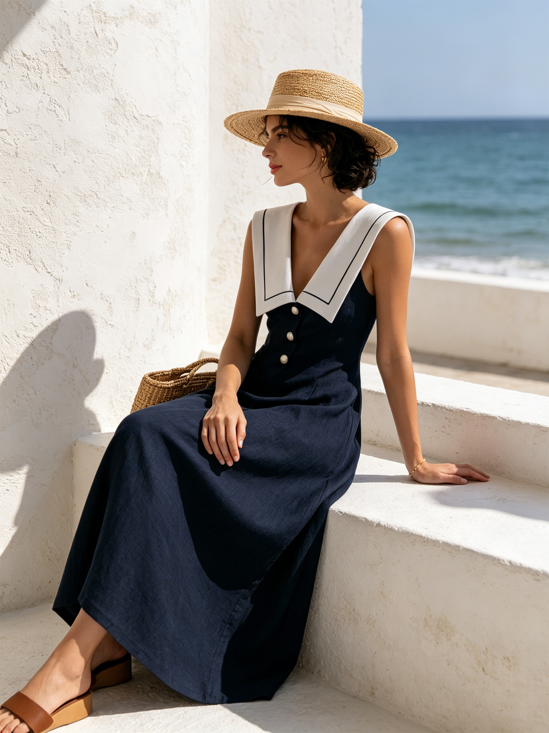 Women’s Navy Nautical Textured Linen Sleeveless Contrast Sailor Collar Pearl Button A-Line Maxi Dress
