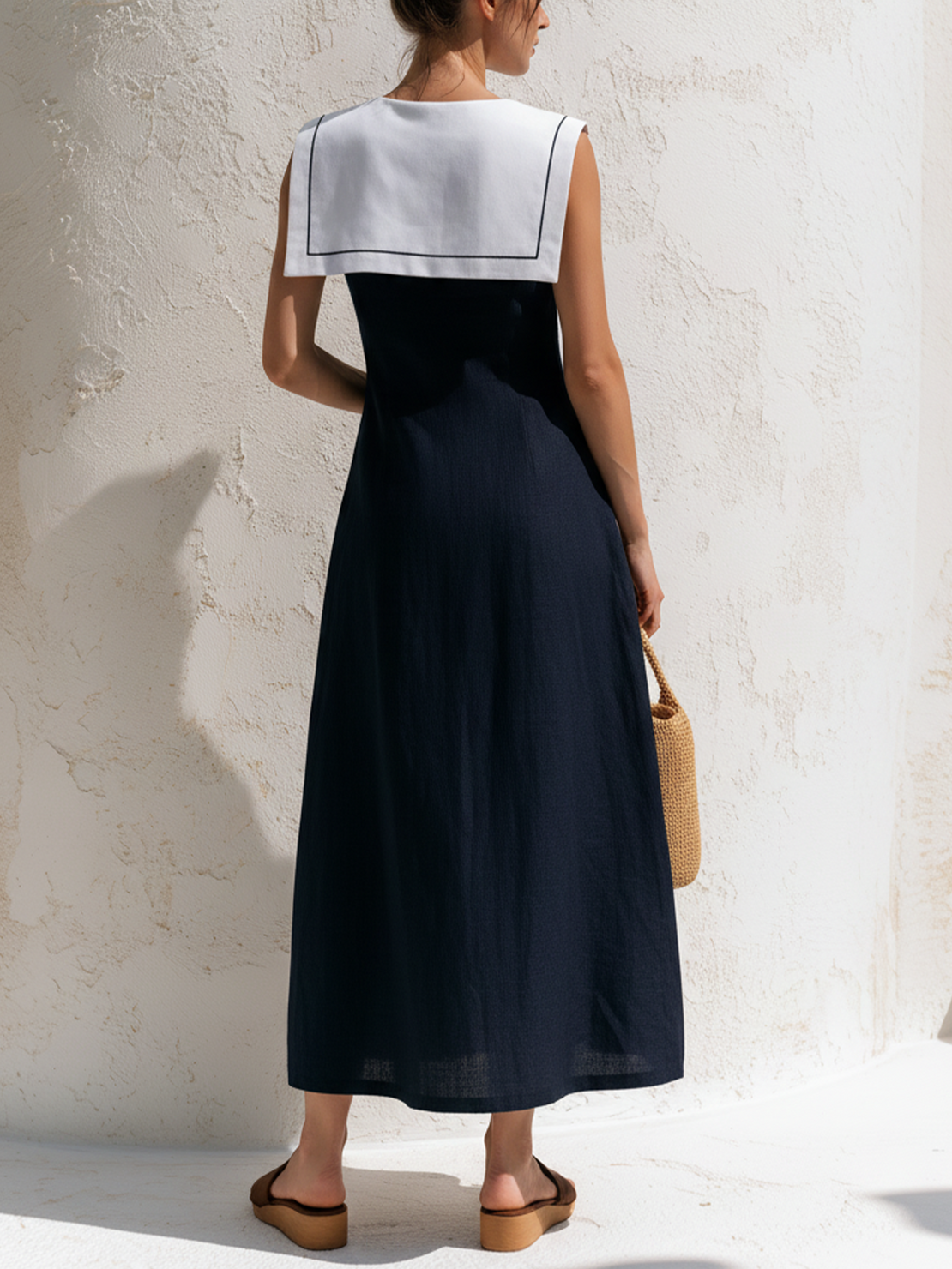 Women’s Navy Nautical Textured Linen Sleeveless Contrast Sailor Collar Pearl Button A-Line Maxi Dress