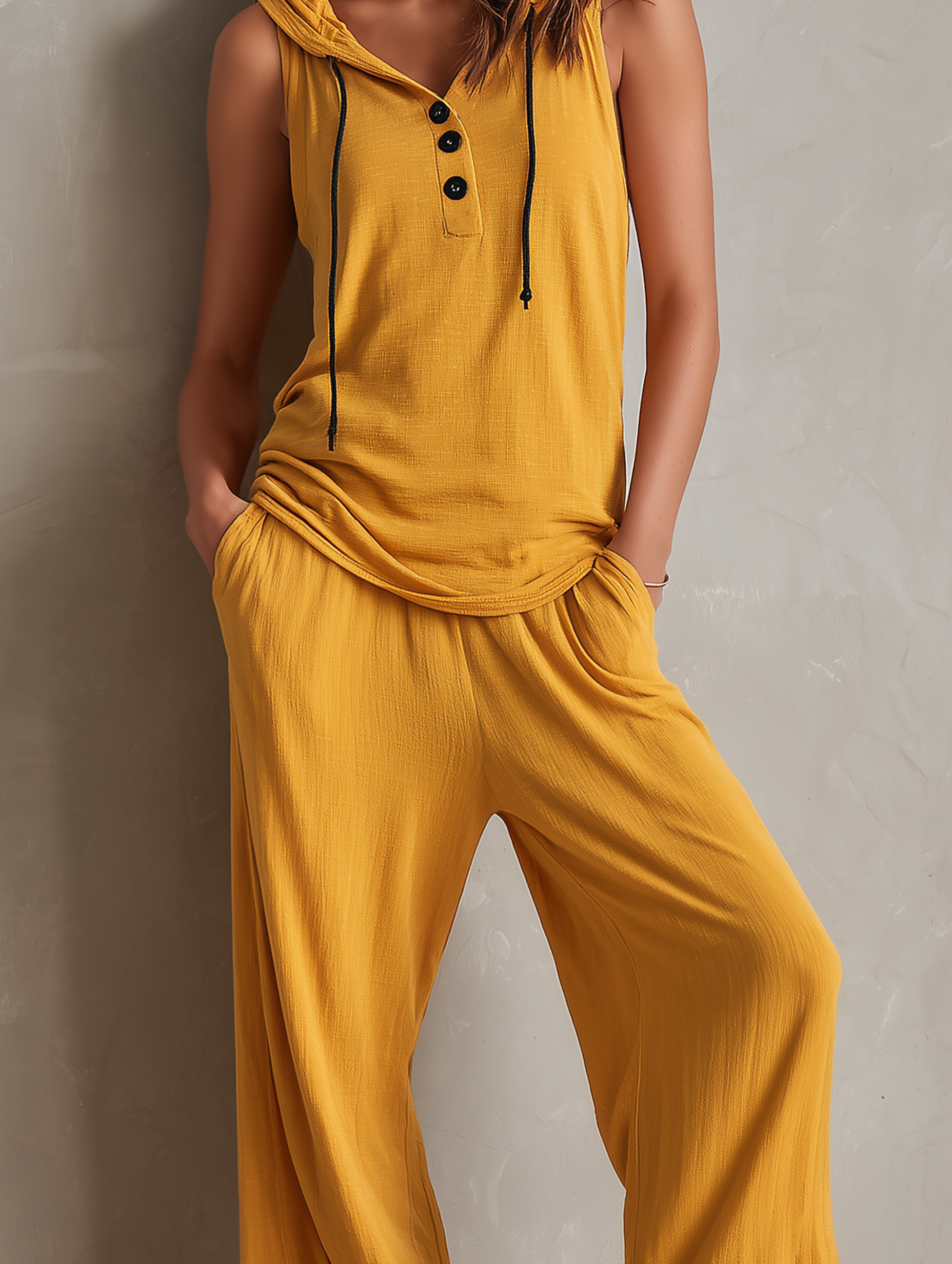Women’s Ginger Yellow Casual Stretch-Knit Hooded Neck Sleeveless Loose Full-Length Pants Set