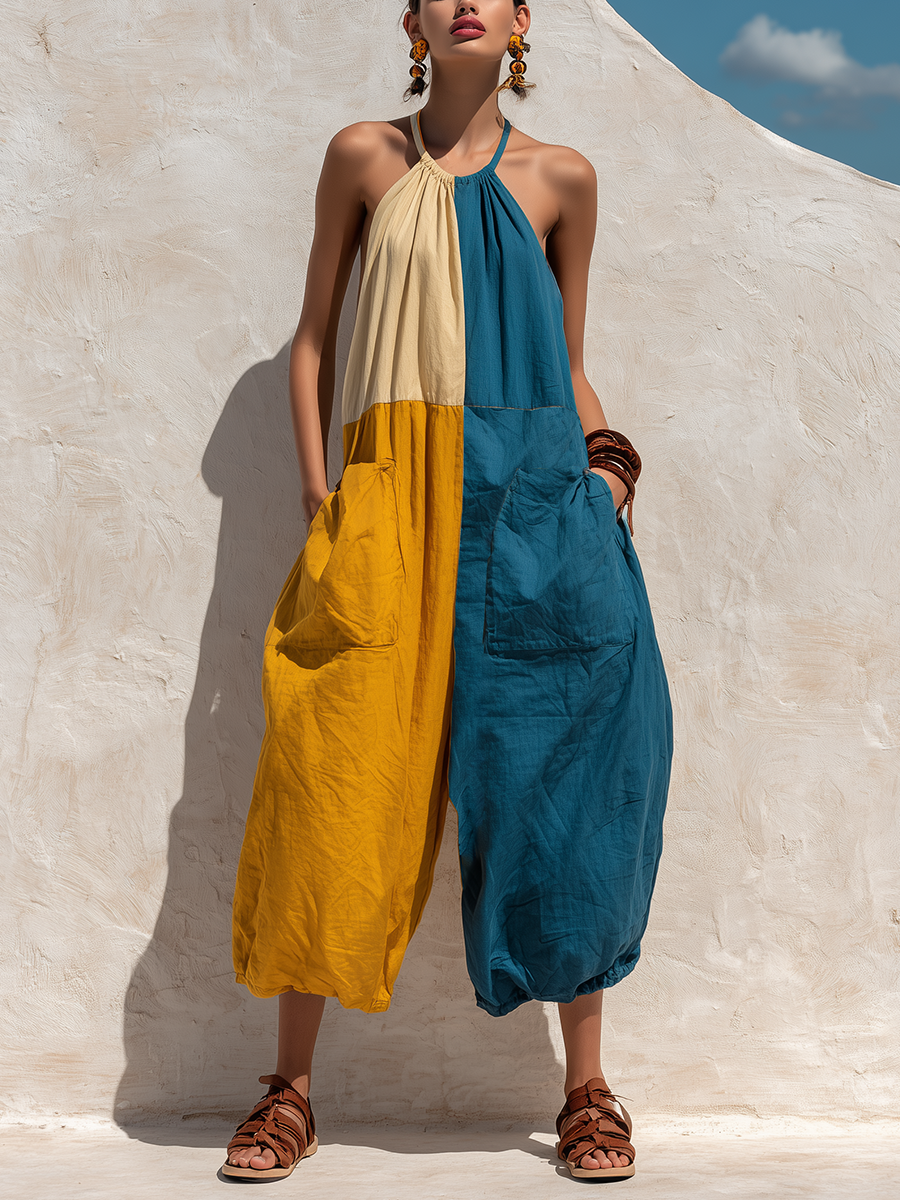 Women’s Cream Yellow Teal Boho Linen Blend Halter Neck Sleeveless Oversized Ankle-Length Jumpsuit with Cargo Pockets