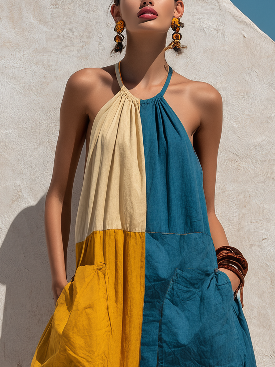 Women’s Cream Yellow Teal Boho Linen Blend Halter Neck Sleeveless Oversized Ankle-Length Jumpsuit with Cargo Pockets