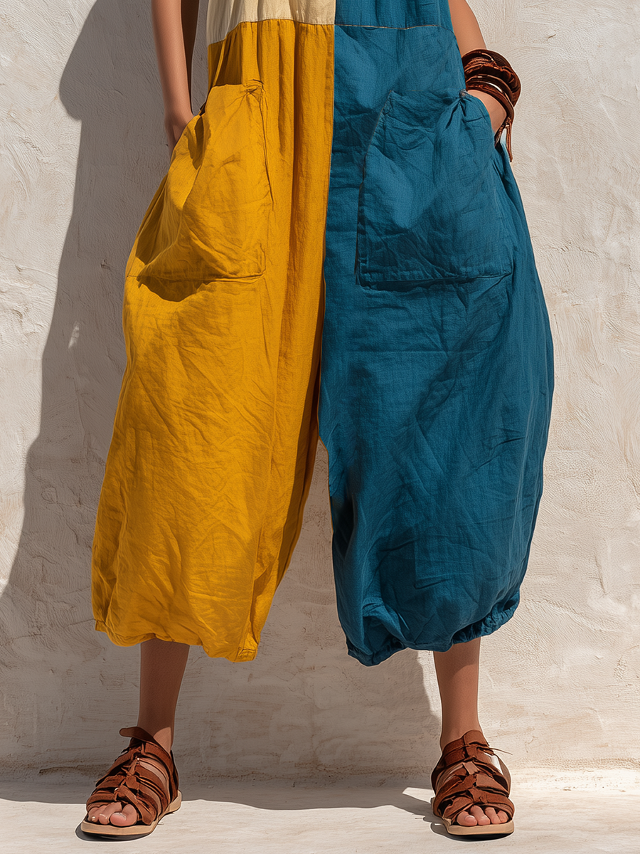 Women’s Cream Yellow Teal Boho Linen Blend Halter Neck Sleeveless Oversized Ankle-Length Jumpsuit with Cargo Pockets
