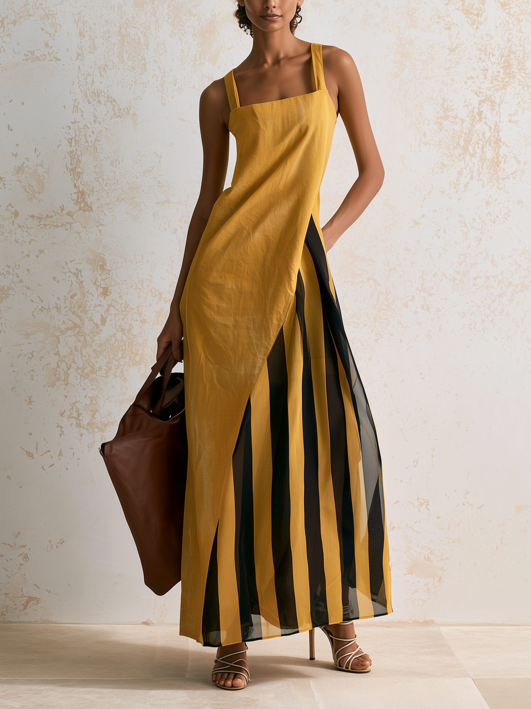 Women’s Yellow Minimal Linen-Blend Square Neck Wide Cami Strap Wrap Overlay Striped Sheer Lining Maxi Dress