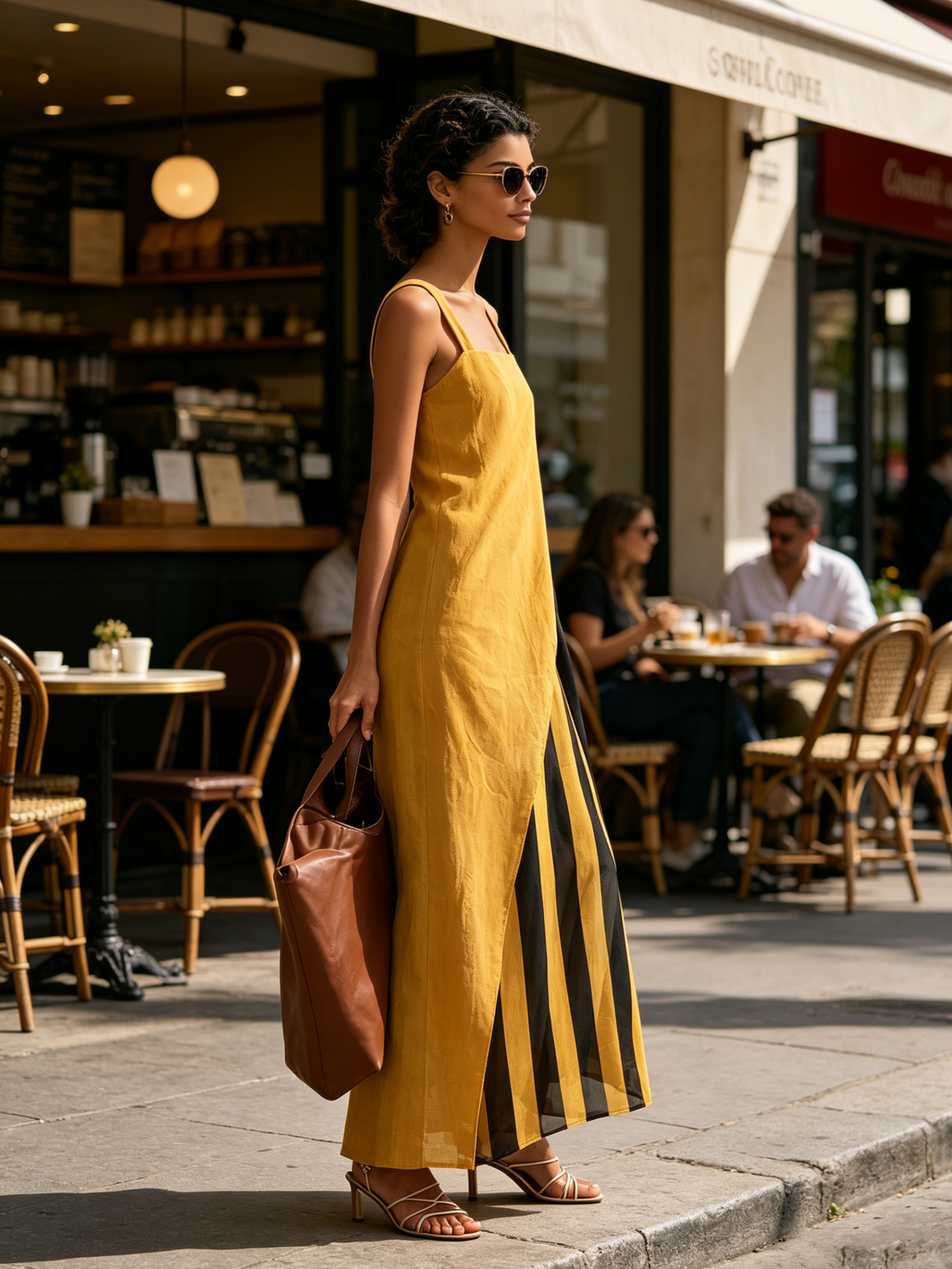 Women’s Yellow Minimal Linen-Blend Square Neck Wide Cami Strap Wrap Overlay Striped Sheer Lining Maxi Dress