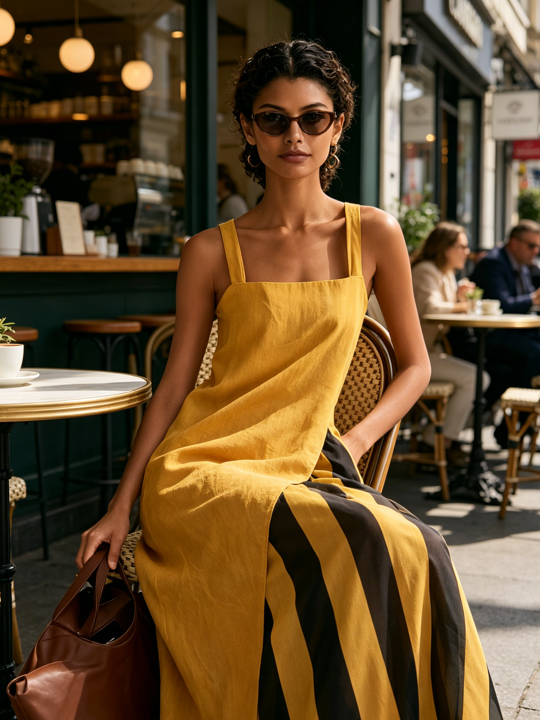 Women’s Yellow Minimal Linen-Blend Square Neck Wide Cami Strap Wrap Overlay Striped Sheer Lining Maxi Dress