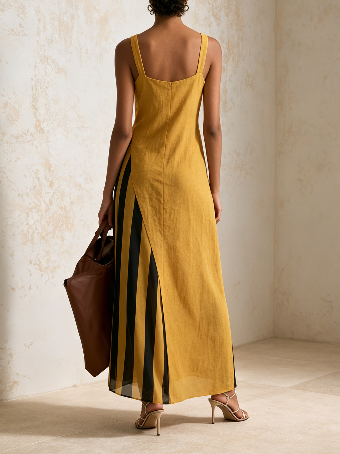 Women’s Yellow Minimal Linen-Blend Square Neck Wide Cami Strap Wrap Overlay Striped Sheer Lining Maxi Dress