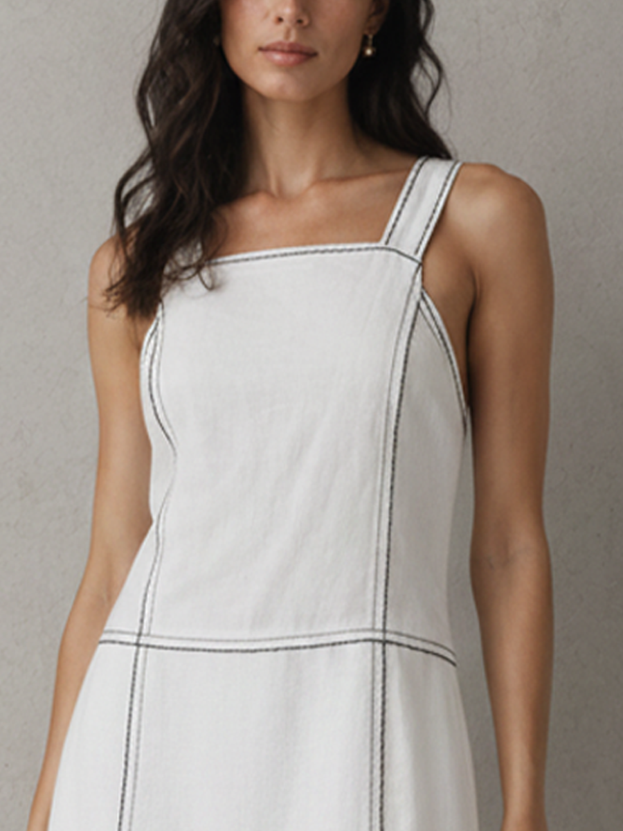 Women’s Pure White Minimalist Linen-Cotton Square Neck Sleeveless Straight Midi Dress with Contrast Stitch