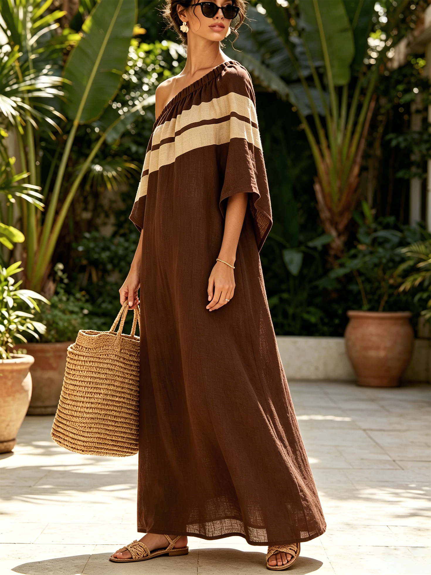 Women’s Brown Bohemian Textured Linen Off-Shoulder 3/4 Sleeve Loose Maxi Dress with Beige Stripe Detail
