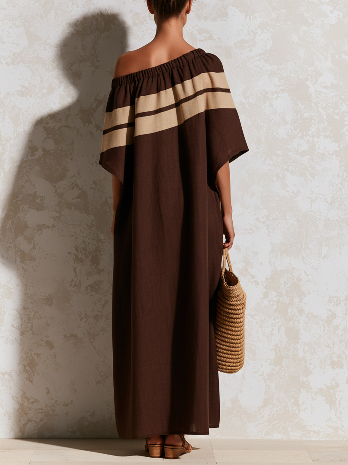 Women’s Brown Bohemian Textured Linen Off-Shoulder 3/4 Sleeve Loose Maxi Dress with Beige Stripe Detail