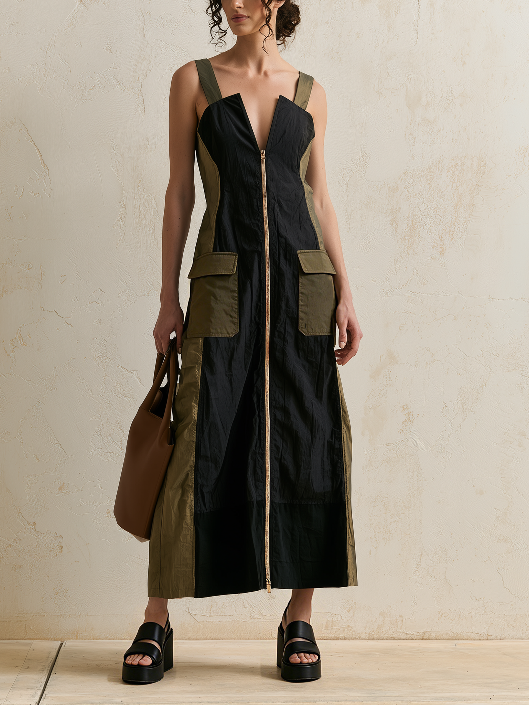 Women’s Black Olive Color Block Crinkled Cotton Blend Wide Strap Sleeveless Front Zip Midi Cargo Dress With Flap Pockets