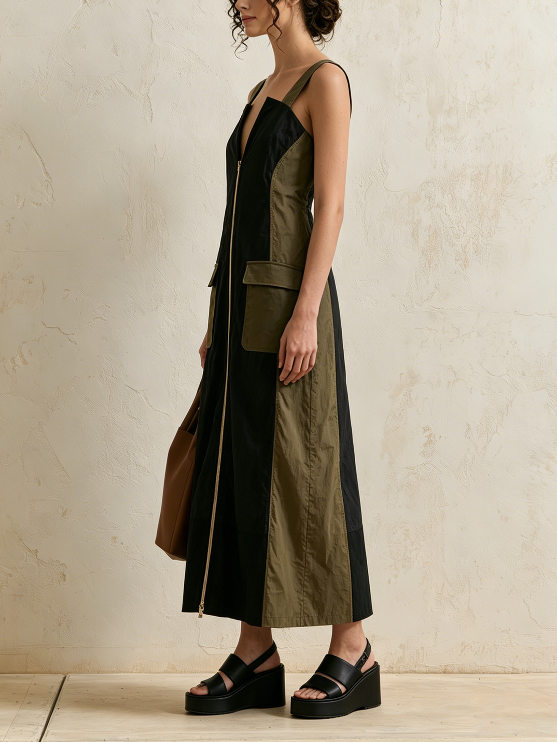 Women’s Black Olive Color Block Crinkled Cotton Blend Wide Strap Sleeveless Front Zip Midi Cargo Dress With Flap Pockets