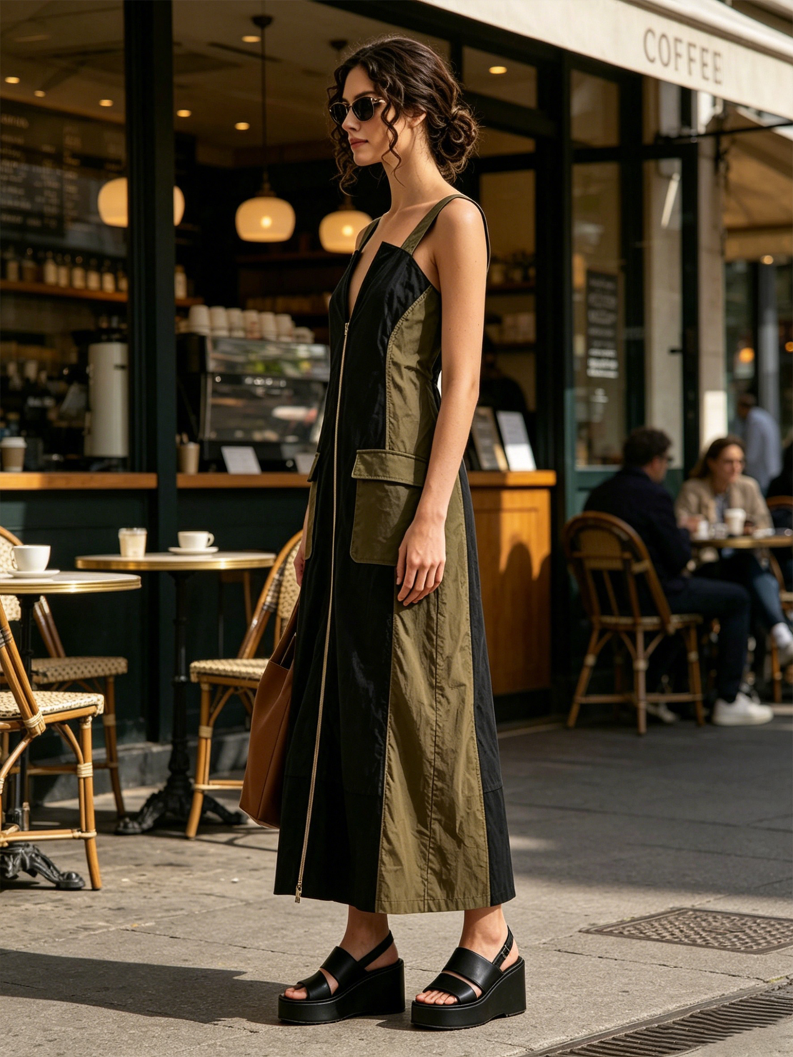Women’s Black Olive Color Block Crinkled Cotton Blend Wide Strap Sleeveless Front Zip Midi Cargo Dress With Flap Pockets