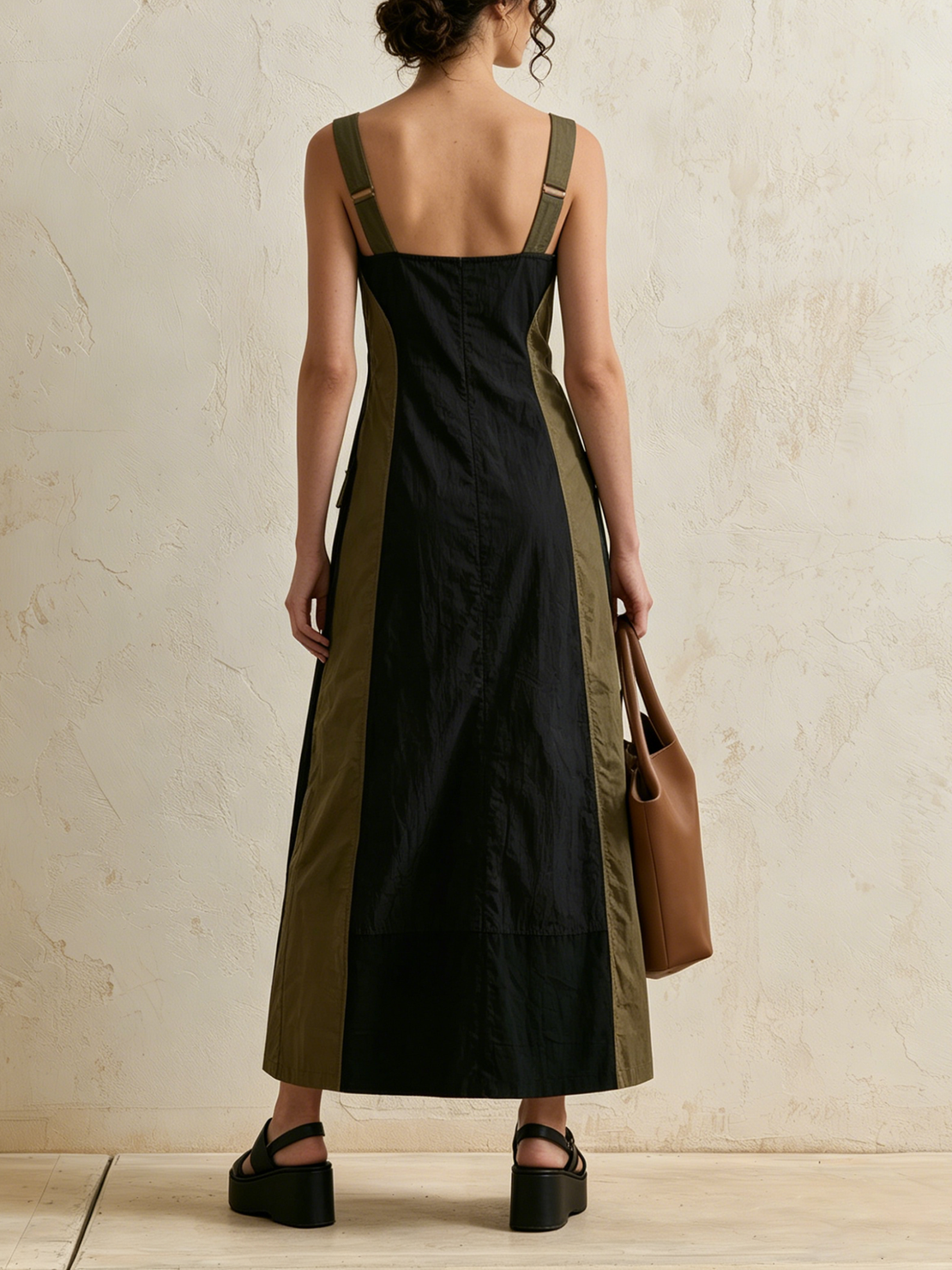 Women’s Black Olive Color Block Crinkled Cotton Blend Wide Strap Sleeveless Front Zip Midi Cargo Dress With Flap Pockets