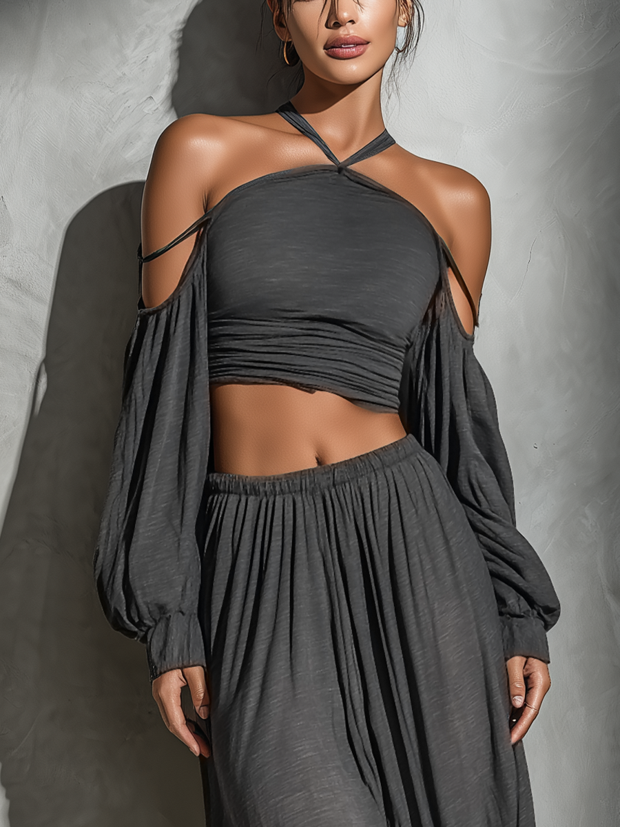 Women’s Dark Gray Chic Blend Halter Neck Long Puff Sleeve Regular Maxi Skirt Set with Ruched Crop Top