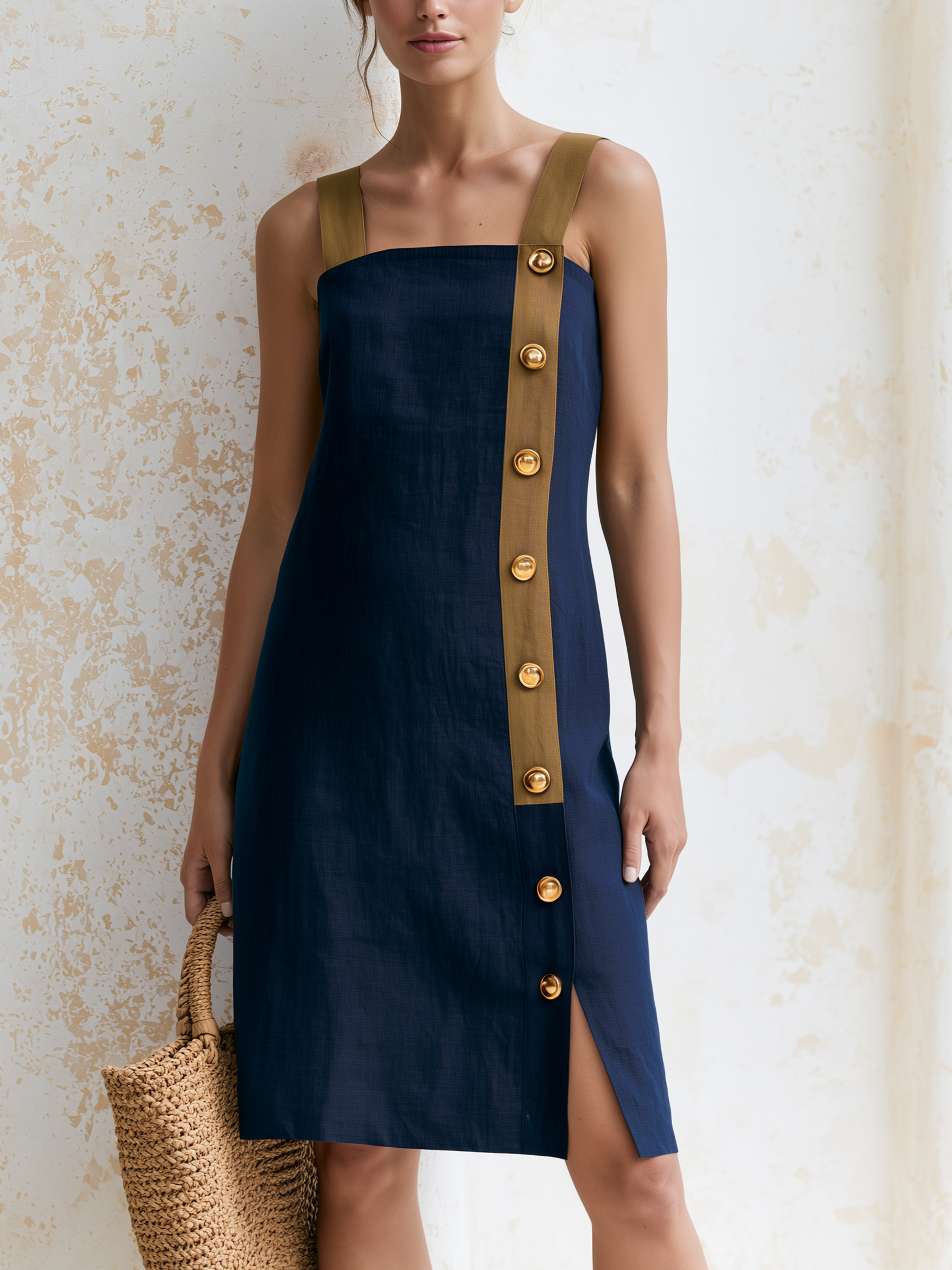 Women’s Navy Minimal Linen Contrast Khaki Wide Strap Square Neck Button Detail Side Slit Mini Slip Dress