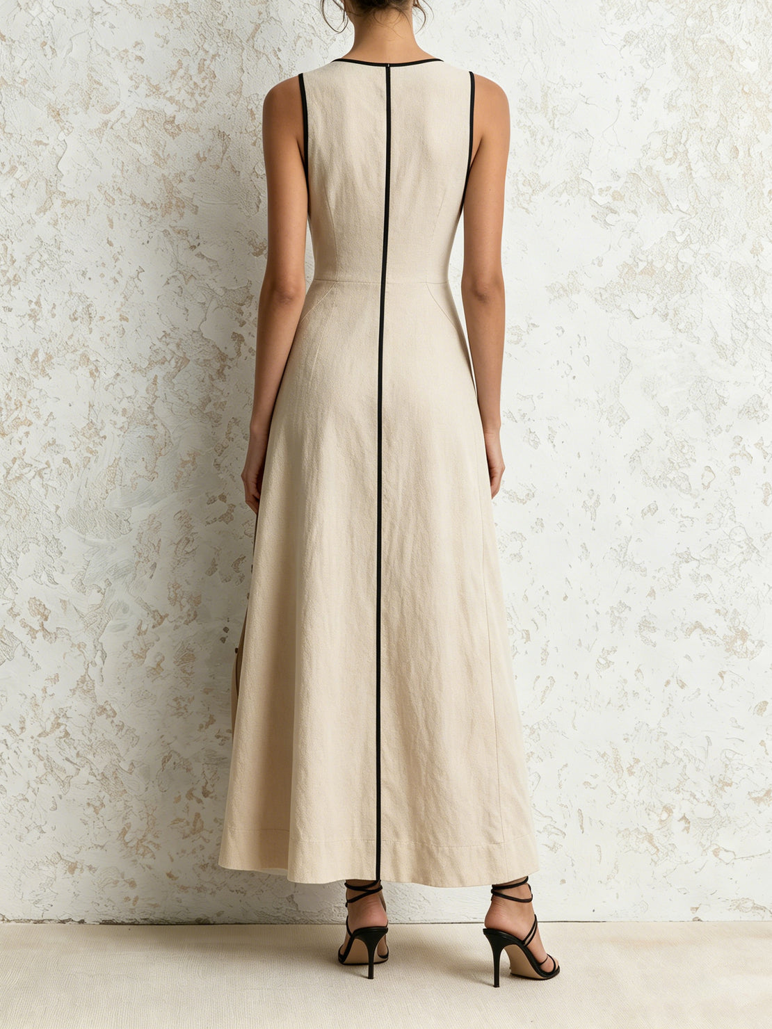 Women’s Beige and Black Minimal Chic Textured Deep V-Neck Sleeveless A-Line Maxi Daily Dress