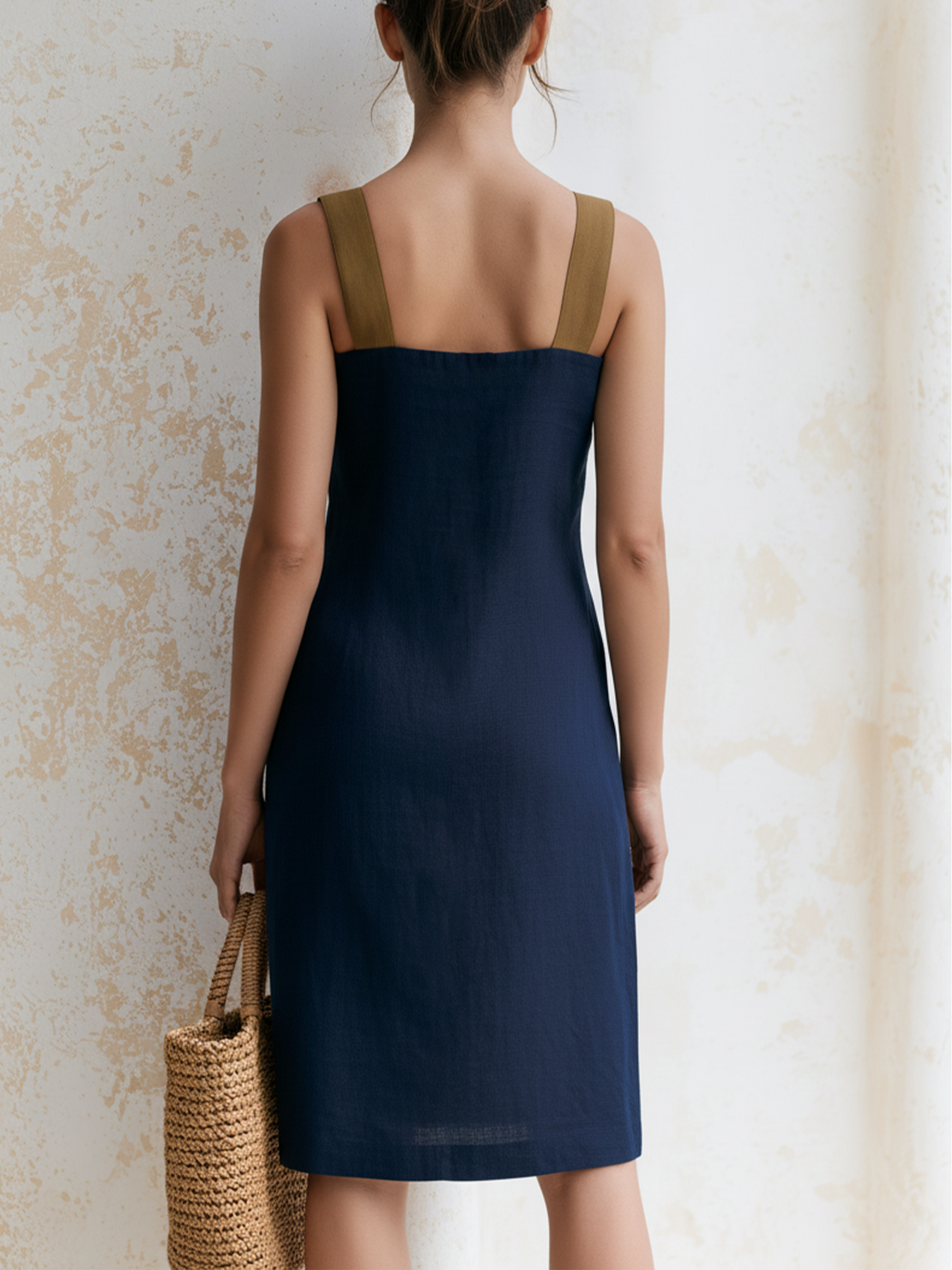 Women’s Navy Minimal Linen Contrast Khaki Wide Strap Square Neck Button Detail Side Slit Mini Slip Dress
