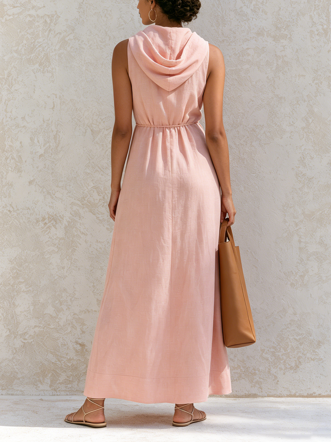 Women’s Pink Resort Linen-Blend Hooded V-Neck Sleeveless Relaxed Maxi Dress